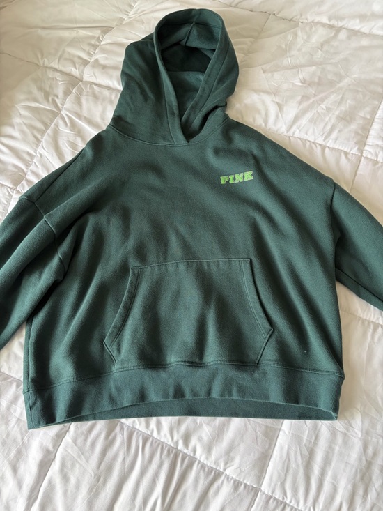 PINK Victoria's Secret Jackets & Blazers - PINK Victoria's Secret Dark Green Men's Crewneck Hoodie with Lime Logo